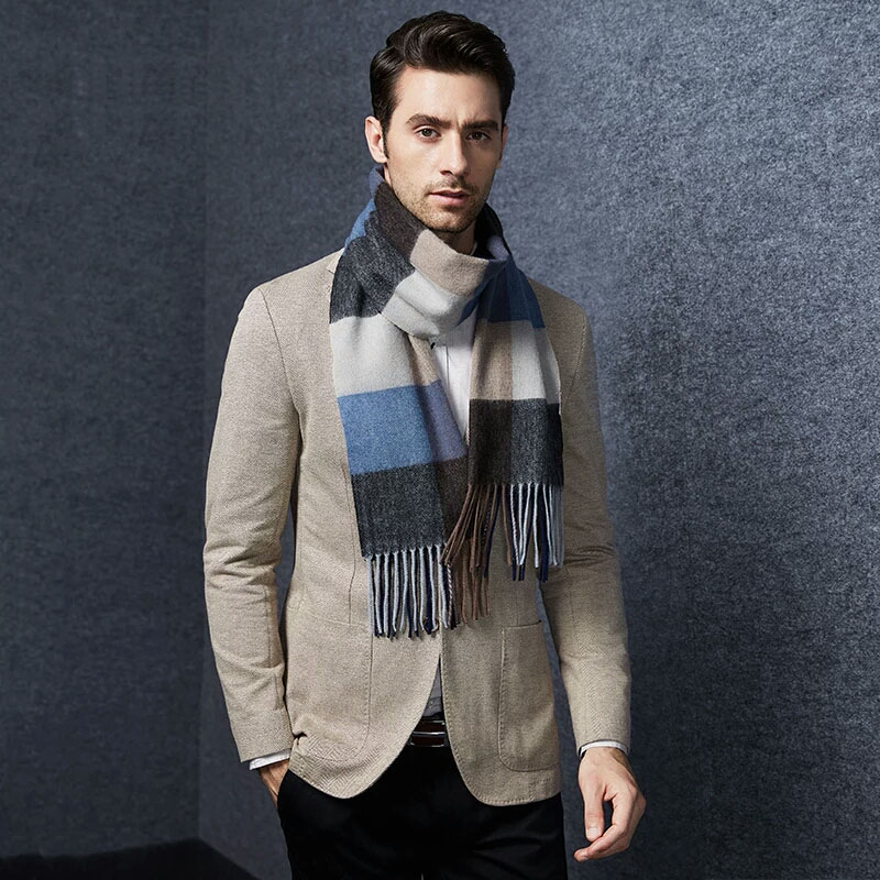Soft Wool Scarves Black Gray Blue Plaid Men's Winter Scarf